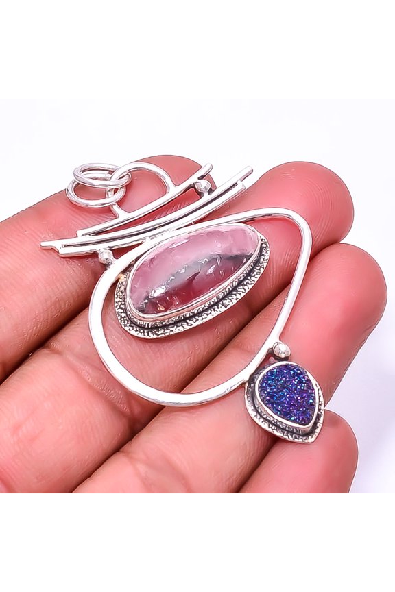 Rhodochrosite -Argentina & Electric Blue Titanium Agate Drusy Designer Handmade 925 Sterling Silver Pendant 2.15", Pink Rhodochrosite Pendant P_9463_2