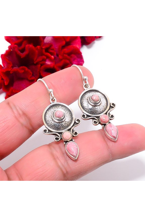 Rhodochrosite - Argentina Oxidised Designer Handmade 925 Sterling Silver Earring 1.95" E94845, Christmas Gift