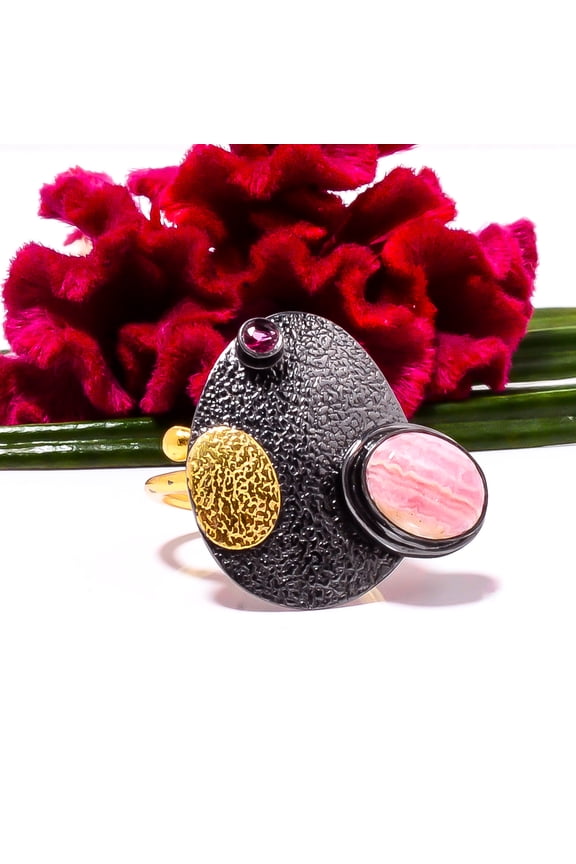 Rhodochrosite - Argentina & Pink Rubellite Tourmaline Black And Gold Plated 925 Sterling Silver Ring s.7 Sku6, Pink Ring, Natural Gemstone Ring