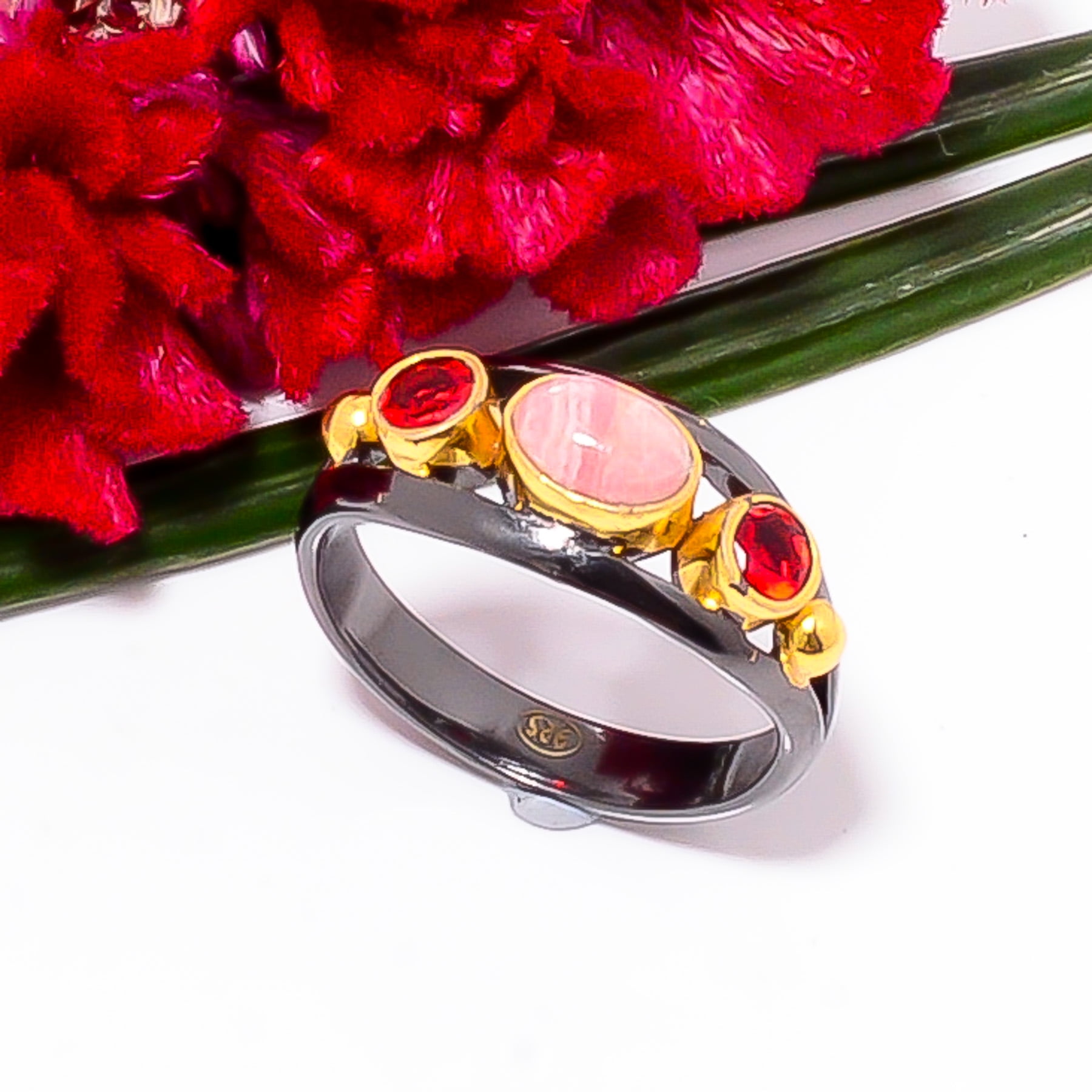 ZAM GEMS Rhodochrosite - Argentina & Red Garnet Black And Gold Plated 925 Sterling Silver Ring s.9 Sku4, Pink Ring, Natural Gemstone Ring