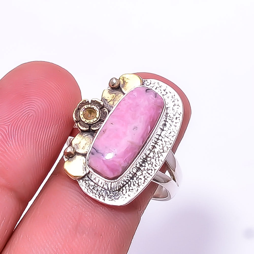 ZAM GEMS Rhodochrosite - Argentina Two Tone Designer 925 Sterling Silver Ring s.9 Sku24, Pink Ring, Natural Gemstone Ring