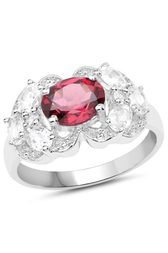 Fine Color Jewels Rhodolite Garnet Cocktail Ring for Women in Sterling Silver with White Zircon Accent