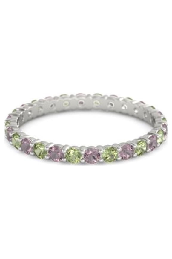 Rhodolite Garnet With Peridot Round 2.50 MM Eternity 925 Sterling Silver Women Stackable Ring