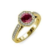 Rhodolite Garnet and Diamond Halo Engagement Ring with Milgrain Work 1.05 ct tw 14K Yellow Gold.size 7.5