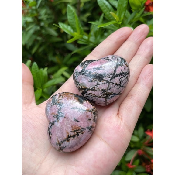 Rhodonite Gemstone Hearts, Polished Rhodonite Puffy Hearts, Rhodonite Palm Stone, Rhodonite Heart (2 Hearts）