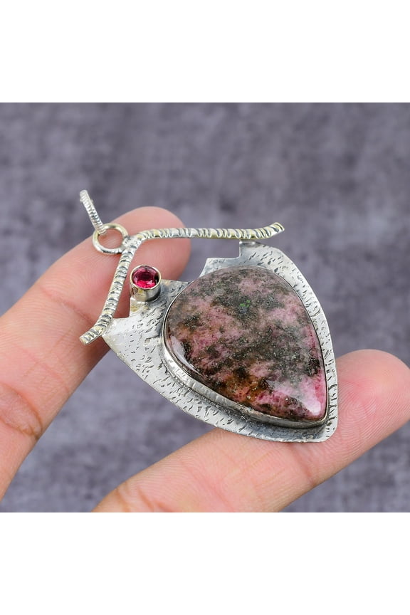 Rhodonite, Kunzite Gemstone Handmade 925 Sterling Silver Pendant 2.36"