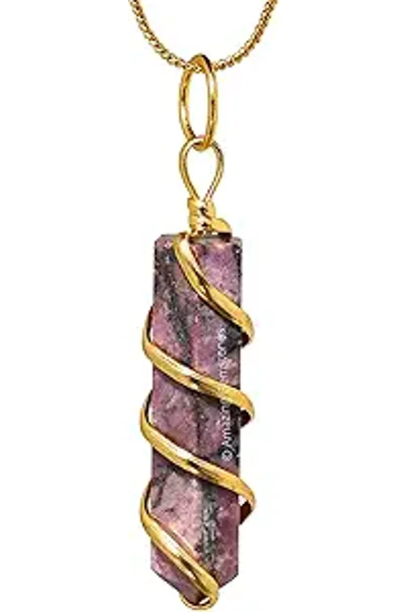 Rhodonite Spiral Pencil Point Necklace for Women, Golden Wire Wrapped Point Pendant