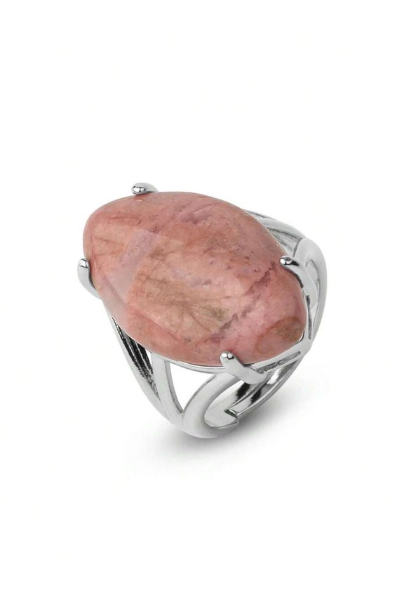 Rhodonite Statement Ring G574 Silvertone Adjustable Oval Natural Stone Ring