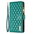 thumbnail image 1 of Rhombic Pattern PU Leather Wallet Case for iPhone 14 with Wrist Strap Card Slots Magnetic Clasp Kickstand Flip Cover, Soft TPU Shockproof Zipper Pocket Folio Phone Case for iPhone 14,Green, 1 of 10