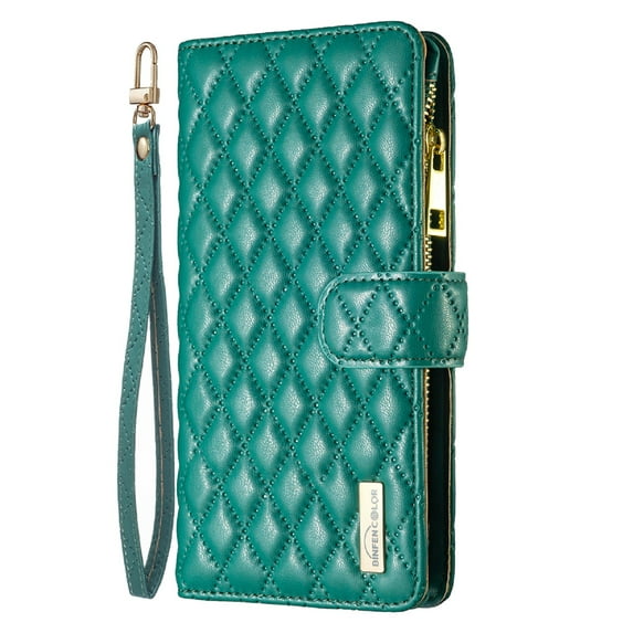 Rhombic Pattern PU Leather Wallet Case for iPhone 14 with Wrist Strap Card Slots Magnetic Clasp Kickstand Flip Cover, Soft TPU Shockproof Zipper Pocket Folio Phone Case for iPhone 14,Green