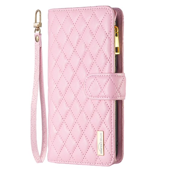 Rhombic Pattern PU Leather Wallet Case for iPhone 14 with Wrist Strap Card Slots Magnetic Clasp Kickstand Flip Cover, Soft TPU Shockproof Zipper Pocket Folio Phone Case for iPhone 14,Pink
