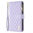 thumbnail image 1 of Rhombic Pattern PU Leather Wallet Case for iPhone 14 with Wrist Strap Card Slots Magnetic Clasp Kickstand Flip Cover, Soft TPU Shockproof Zipper Pocket Folio Phone Case for iPhone 14,Purple, 1 of 10