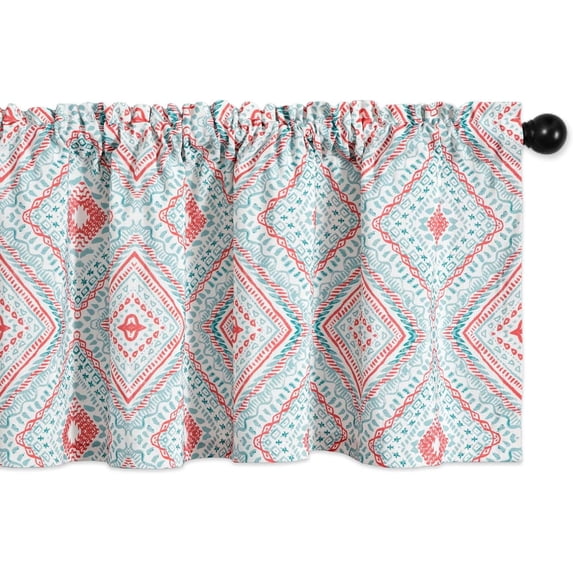 Rhombic Pattern Printed Kitchen Valance, Retro Bohemian Style Rod Pocket Linen Textured Short Window Drapes for Bedroom Bathroom, 18 x 52 Inches, 1 Panel