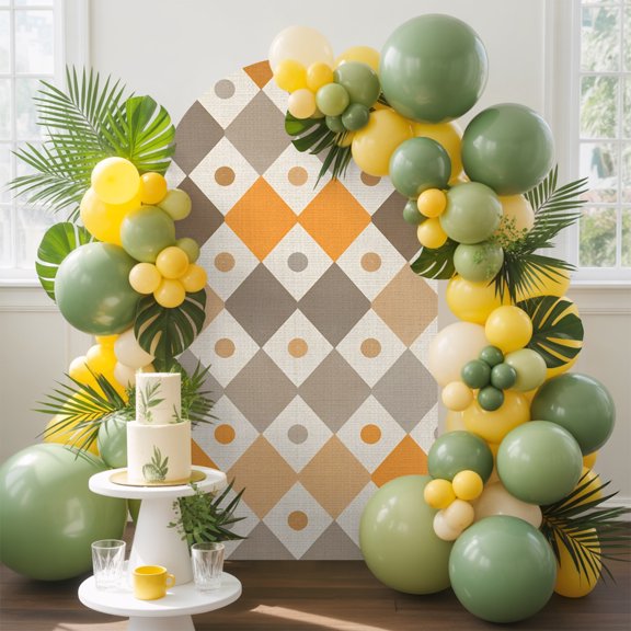 Rhomboid Shapes Arch Backdrop Cover, 5FT, Vintage Minimalist Yellow Beige Brown Geometric Spandex Arch Covers Double-Sided Backdrop for Wedding Birthday Party Photo Background Decoration