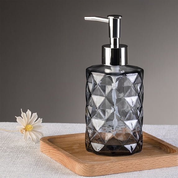 Rhombus-Cut Glass Soap Dispenser Set, Geometric Liquid Bottles with Metallic Pump, Refillable Containers for Bathroom & Kitchen Essentiales, 350ml