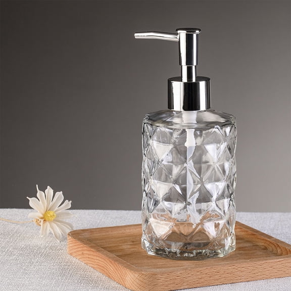 Rhombus-Cut Glass Soap Dispenser Set, Geometric Liquid Bottles with Metallic Pump, Refillable Containers for Bathroom & Kitchen Essentiales, 350ml