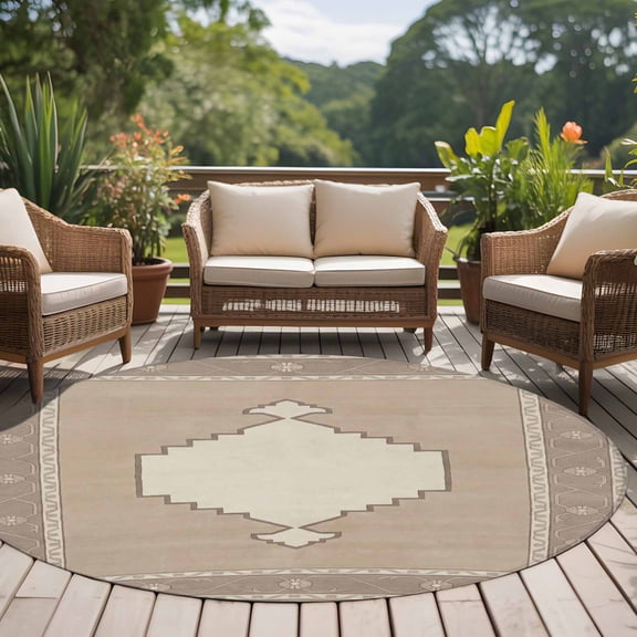 Rhombus Geometric 8ft Round Rug for Open Concept Living Room Seating Zone, Brown Flower Pattern Retro Border Country Washable Non Slip Large Circle Area Rug