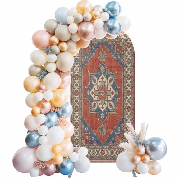 Rhombus Geometric Arch Backdrop Cover 4 FT Ethnic Art Boho Orange Blue Flower Pattern Retro Border Stretchy Arch Stand Covers Spandex Arched Background Birthday Wedding Party Decoration (No Stand)