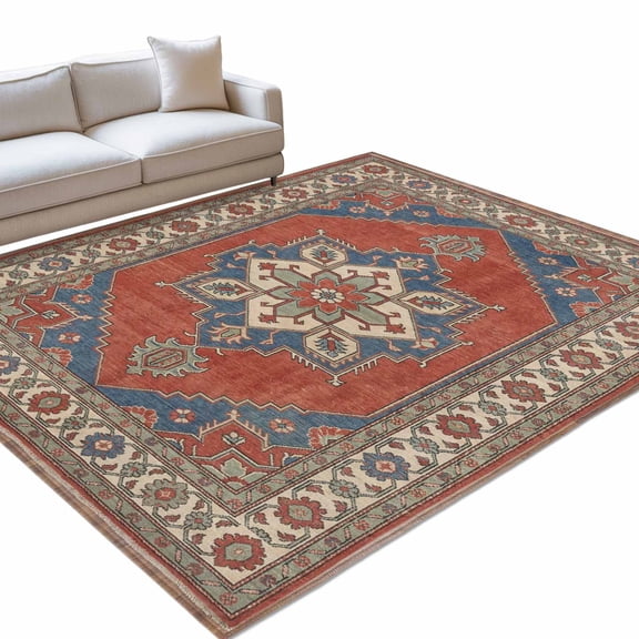 Rhombus Geometric Area Rug, Ethnic Art Boho Orange Blue Flower Pattern Retro Border Non-Slip Felt Rubber Backing Rectangle Indoor Carpet Washable Rugs for Living Room Bedroom 9x12