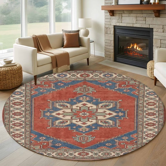 Rhombus Geometric Round Rugs for Living Room 6ft Ethnic Art Boho Orange Blue Flower Pattern Retro Border Non Slip Circle Rug Washable Low-Profile Indoor Carpet for Bedroom, Dining Room, Bathroom