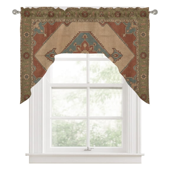 Rhombus Geometric Swag Valance for Windows, Ethnic Art Boho Green Flower Pattern Retro Border Swag Curtains Valances for Small Window Treatment Rod Pocket for Kitchen Bathroom 1 Panel 56x36in
