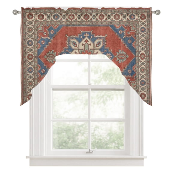 Rhombus Geometric Swag Valance for Windows, Ethnic Art Boho Orange Blue Flower Pattern Retro Border Swag Curtains Valances for Small Window Treatment Rod Pocket for Kitchen Bathroom 1 Panel 56x36in