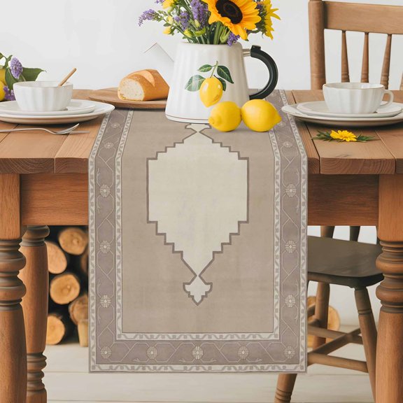 Rhombus Geometric Table Runner 13x108 Inch Brown Flower Pattern Retro Border Country Cotton Linen Dining Table Runner Ideal for Dresser Kitchen Coffee Tables - Machine Washable