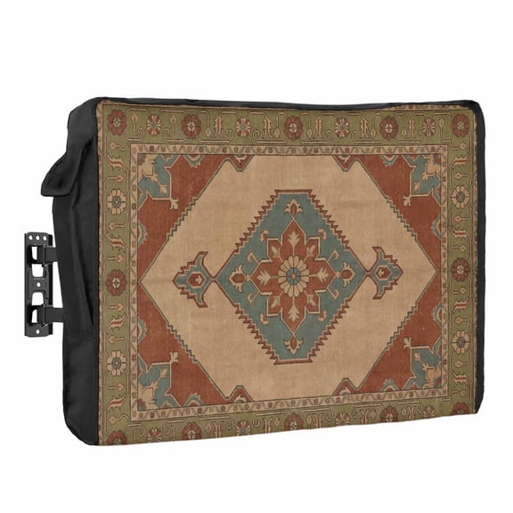 Rhombus Geometric Waterproof Outdoor TV Cover, Ethnic Art Boho Green Flower Pattern Retro Border Outside Weatherproof TV Enclosures for 80 to 85 Inch LCD Television Shield Flat Screen Protectors