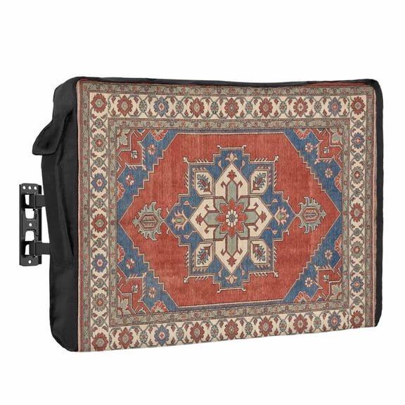 Rhombus Geometric Waterproof Outdoor TV Cover, Ethnic Art Boho Orange Blue Flower Pattern Retro Border Outside TV Enclosures for 80 to 85 Inch LCD Television Shield Flat Screen Protectors