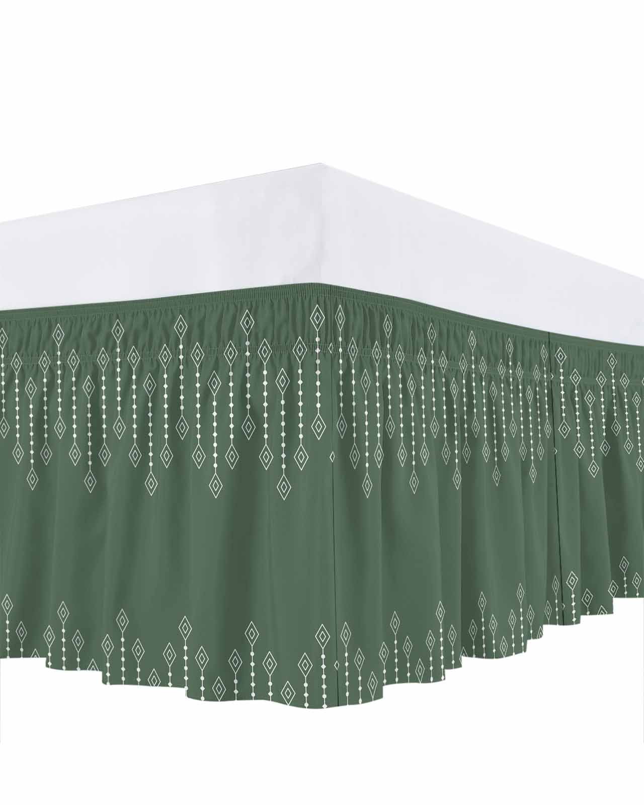Rhombus Lines Bed Skirt Geometric Boho Green Background Bed Skirts Queen Size 16 Inch Drop, Wrap Around Dust Ruffle&nbsp;Bedskirt with Adjustable Elastic Belt for Queen Size Beds
