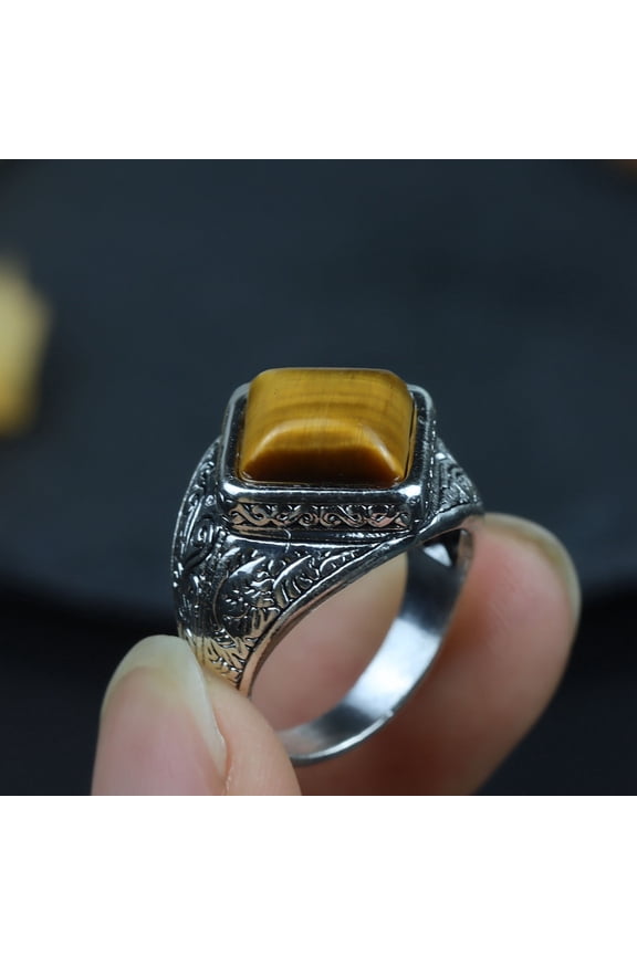 Rhombus Natural Tiger Eye Finger Rings Alloy Wide Band Finger Rings for Men Size 11(20.6mm)