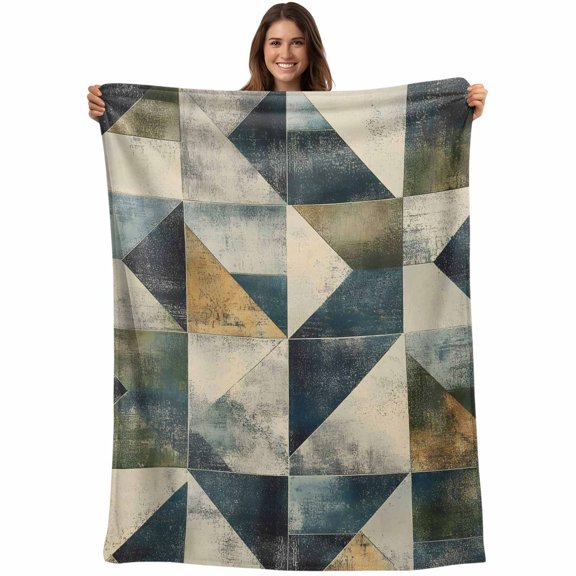 Rhombus Navy Blue Green Blanket Soft Cozy Warm Throw Blanket for Couch, Plush Fuzzy Flannel Fleece Blankets for Sofa, Geometric Modern Abstract Bed Blankets Lightweight Gifts for Women, 32"x48"