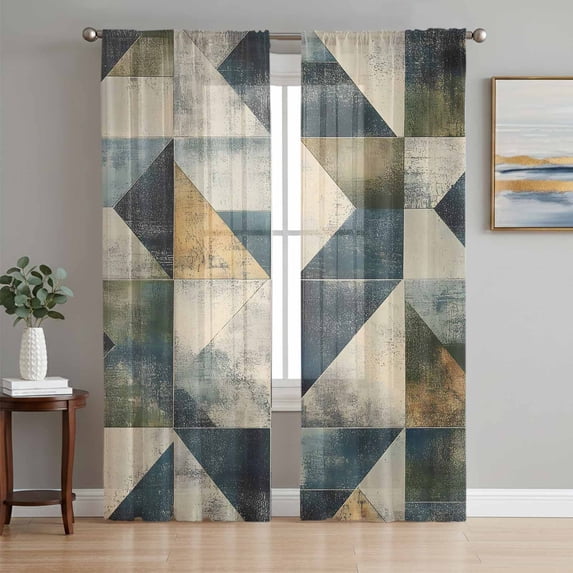Rhombus Navy Blue Green Sheer Curtains 72 Inch Length 2 Panels Set, Geometric Modern Abstract Voile Window Treatment Rod Pocket Curtains Sheers Drapes for Bedroom/Living Room/Kitchen 52"x72"x2
