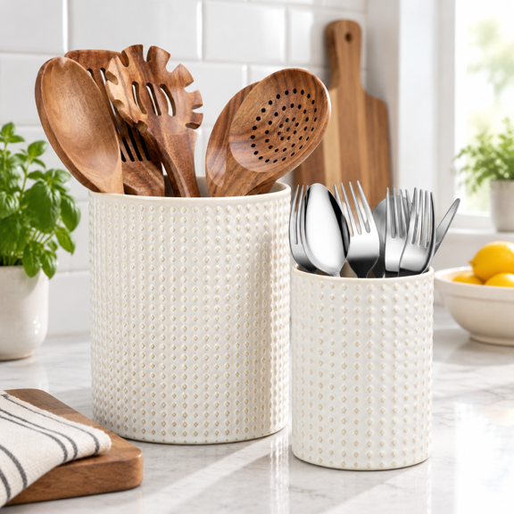 Rhombus Pattern 2-Piece Ceramic Kitchen Utensil Holder Crock Set