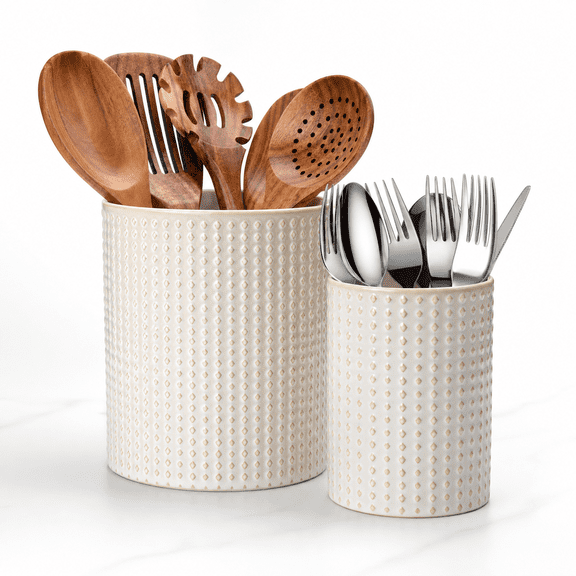 Rhombus Pattern Ceramic Utensil Holder Set, 2-Piece Kitchen Countertop Organizer