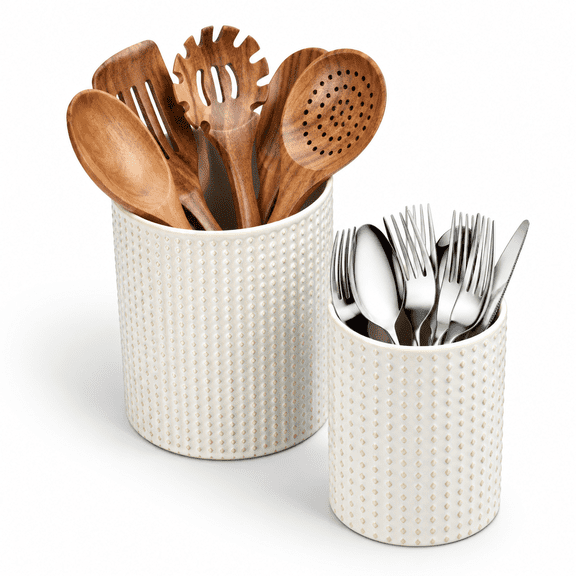 Rhombus Pattern Ceramic Utensil Holder Set, 2-Piece Kitchen Countertop Organizer