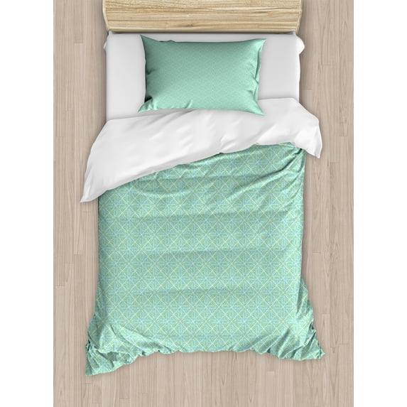 Rhombus Print Duvet Cover Set, Squares Natural Greenery Leafy Geometric Ornaments, Decorative 2 Piece Bedding Set with 1 Pillow Shams, Twin Size, Green Seafoam, by Ambesonne