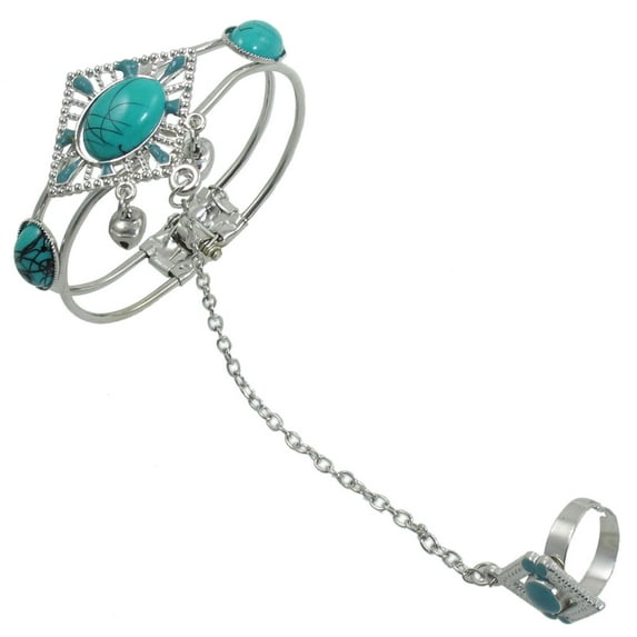 Rhombus Shape Turquoise Beads Bell Finger Ring Bracelet Bangle US 6 1/4