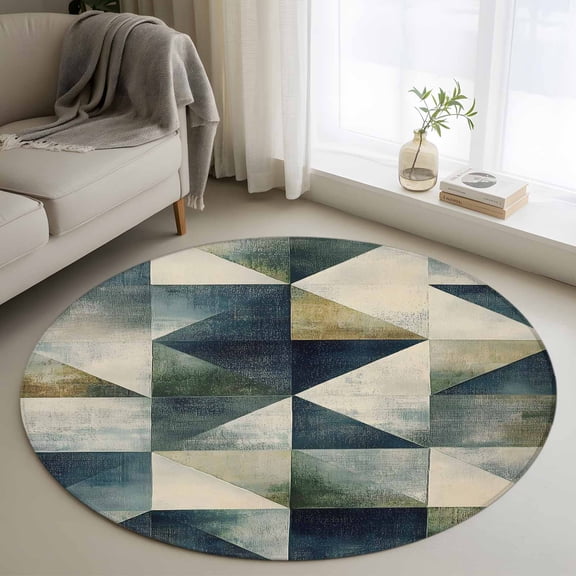 Rhombus Turquoise Round Rug 3ft Washable Circle Entryway Rugs Non Slip Teal Geometric Abstract Art Area Rug Indoor Floor Carpet for Bedroom Kitchen Living Room Home Office Dining Room Nursery