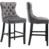 Rhomtree 27" Modern Velvet Upholstered Bar Stools with Wood Legs Button Tufted Chrome Nailhead Counter Height Bar Stools Seat Armless Bar Chairs for Kitchen Island or Home Pub (Gray, Set of 2)