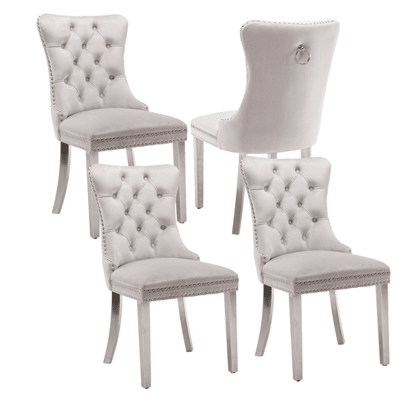 Rhomtree Classic Wood Button tufted Dining Side Chairs, Beige with Steel Leg (Set of 4)