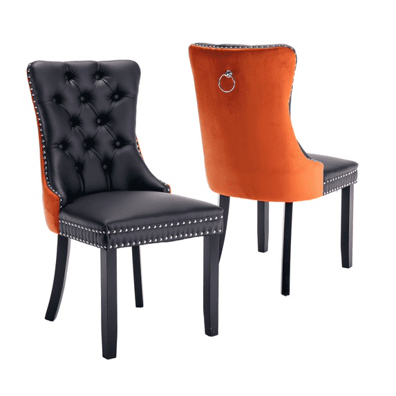Rhomtree Faux Leather Button Tufted Dining Side Chairs, Black/Orange (Set of 2)