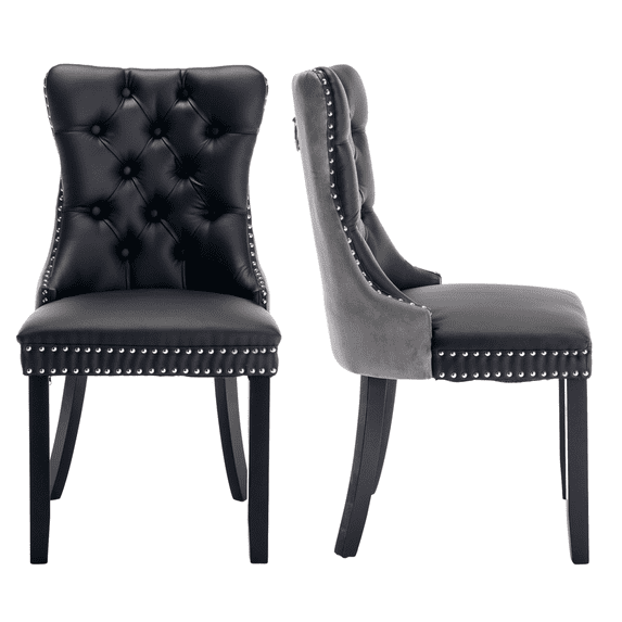 Rhomtree Faux Leather Tufted Dining Side Chairs, Black/Gray (Set of 2)
