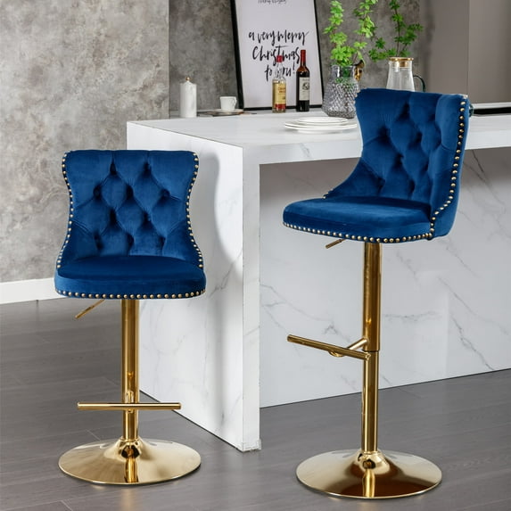 Rhomtree Swivel Button Tufted Bar Stool, Blue with Gold Base (Set of 2)