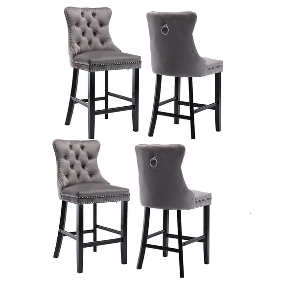 Rhomtree Velvet Upholstered Button Tufted Bar Stools, Gray (Set of 4)