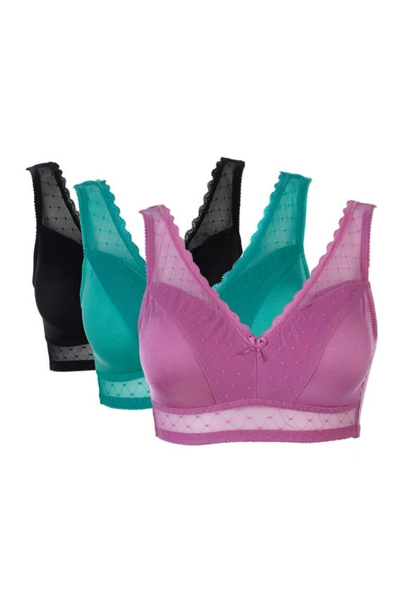 Rhonda L Shear Mesh Dot Pin Up Bra, Black/Fuchsia/Teal (3 Pack)