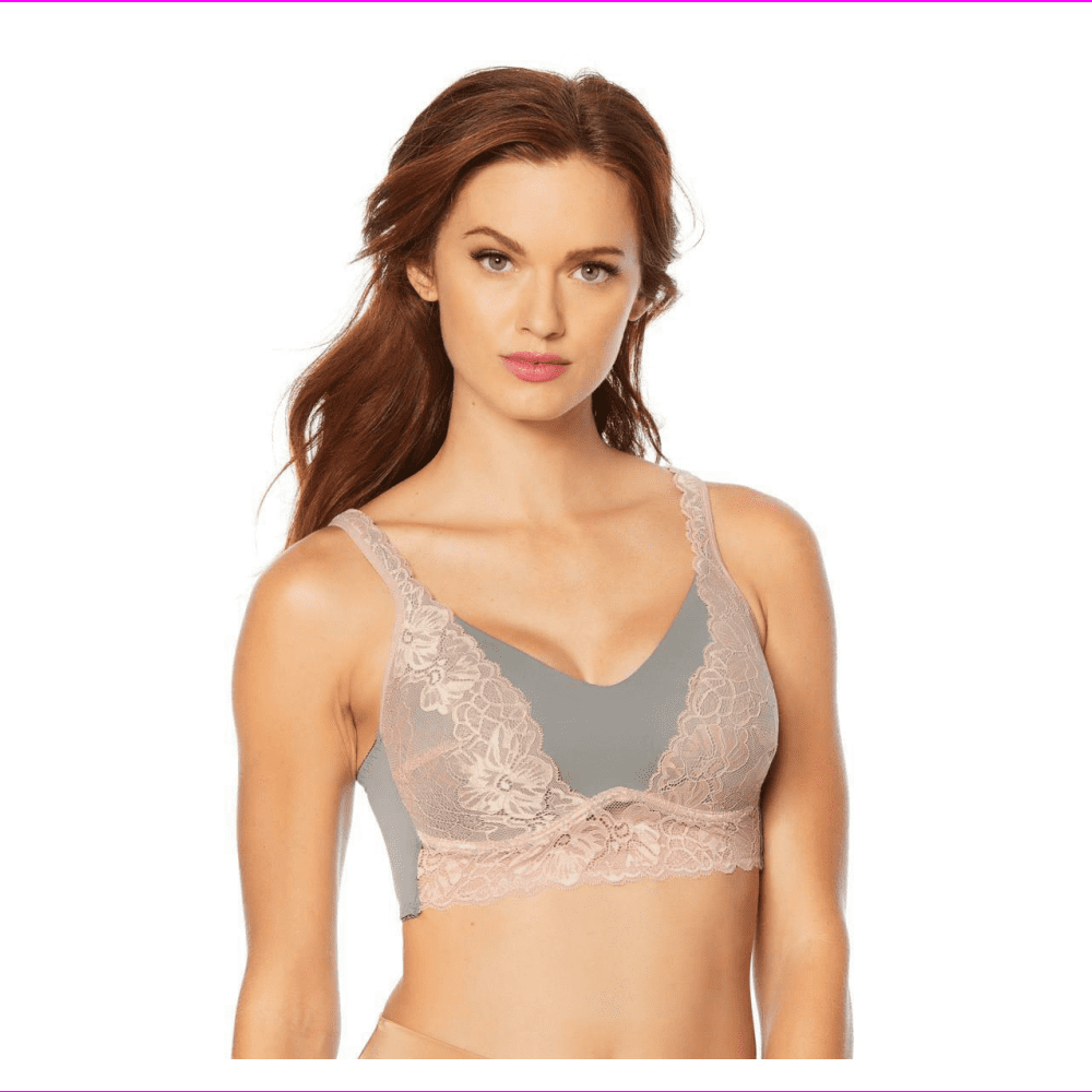 Rhonda Shear Molded Cup Lace Overlay Bra, Charcoal/Dusty/Rose, XL