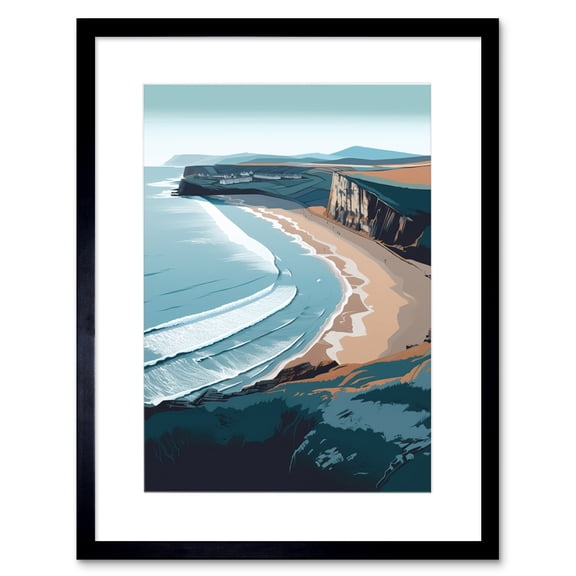 Rhossili Bay Cliffs Over Beach Coastal Landscape Artwork Framed Wall Art Print 9X7 Inch