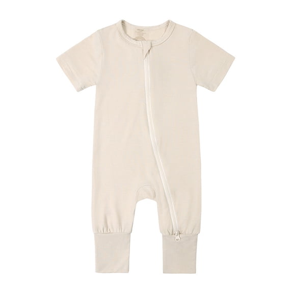 Rhoudy Bodysuit For Boys Round Neck Baby Rompers Footless Pajamas Zipper Short Sleeve Sleeper Jumpsuit Soft Onesies Beige 6-12 Months