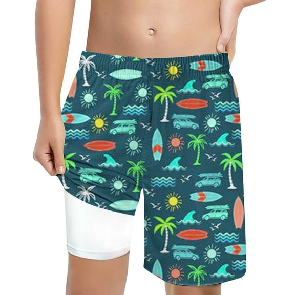 Rhoudy Boys Swim Set Cartoon Prints Swim Trunks With Compression Liner 4-Way Stretch Quick Dry Bathing Suit Classic Wear Dark Green 8-9 Years